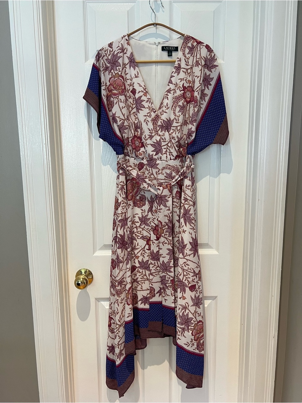 Ralph Lauren Cream Dress with Plum Floral and Blue Accents